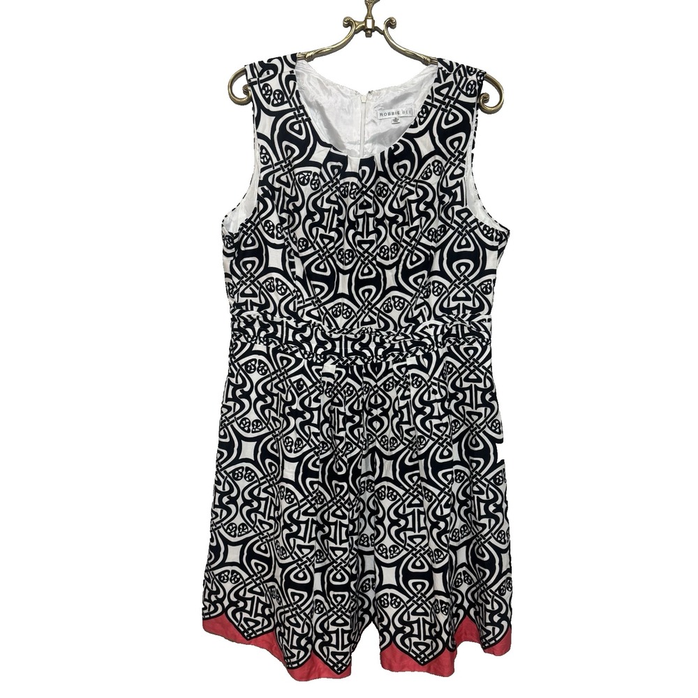 Robbie Bee‎ Womens Black White Celtic Knot Print Cotton Fit Flare Dress Size 16